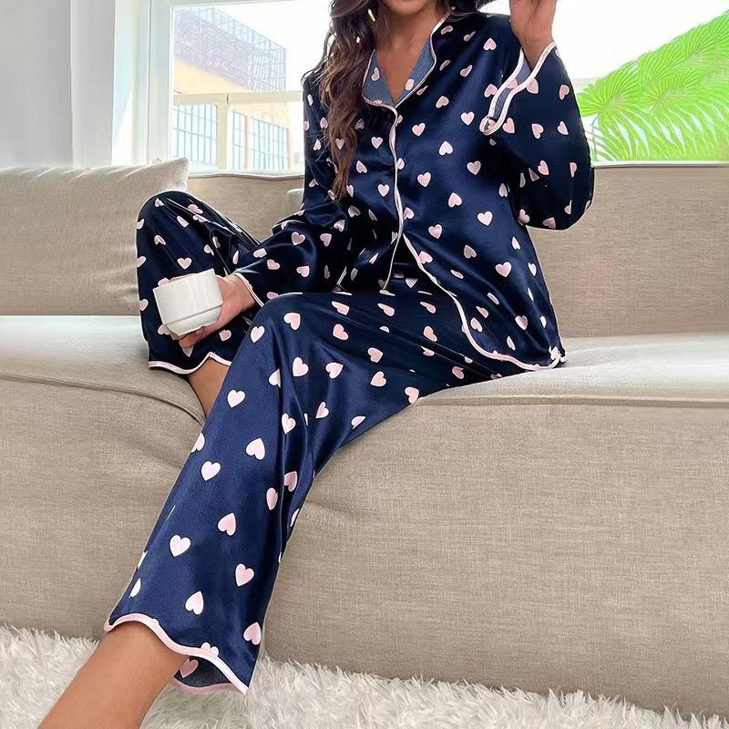 Heart Print Ice Silk Pajamas - Women's Long Sleeve Cardigan and Long Pants Set for Spring & Autumn.