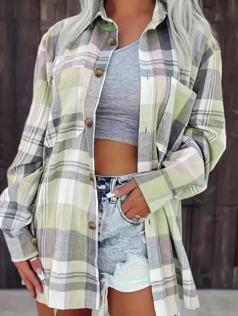 2025 Women's Cross-Border Plaid Shirt Jacket – Casual, Versatile Mid-Length Design