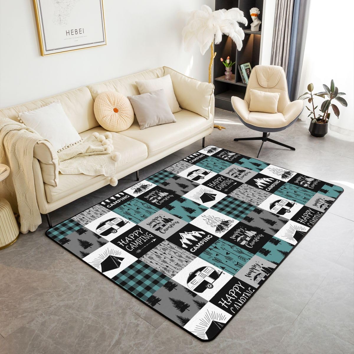 

Camper Living Room Rugs 3x5, Happy Camping Area Rugs, Bear Bull Hunting Theme Non Slip Bedroom Rug, Rustic Farmhouse Woodland Camping Decora 120cm x 160cm