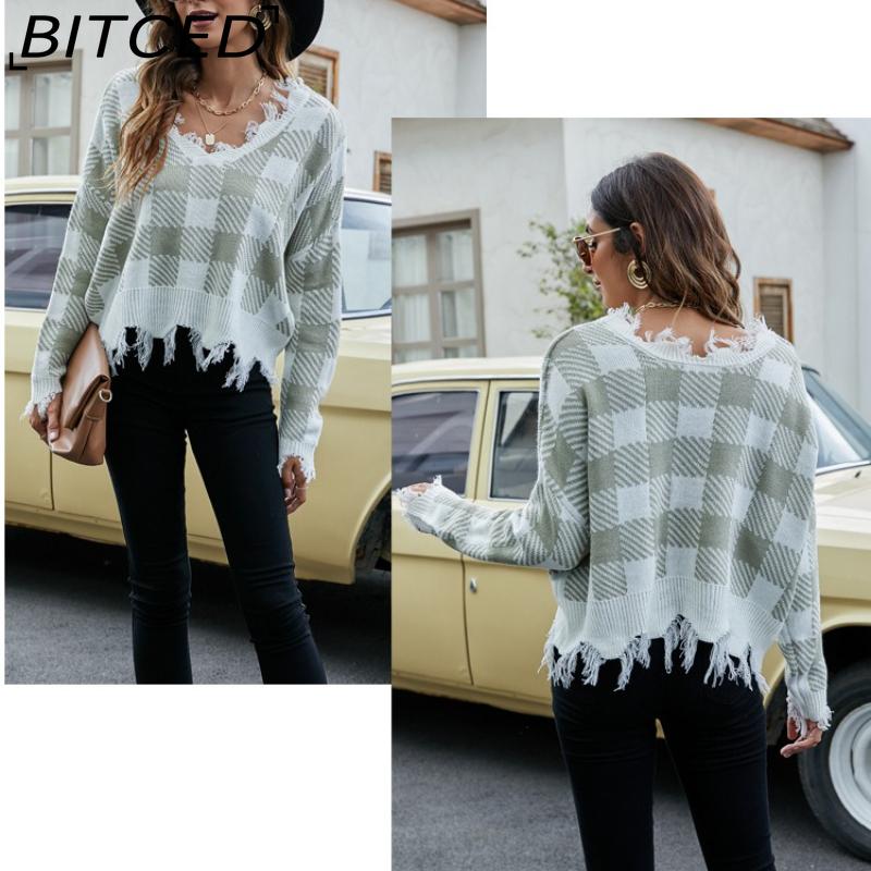 BITCED Women's Oversized Cropped V-Neck Sweater Women's Knit Sweater with Fringe for Fall/Winter