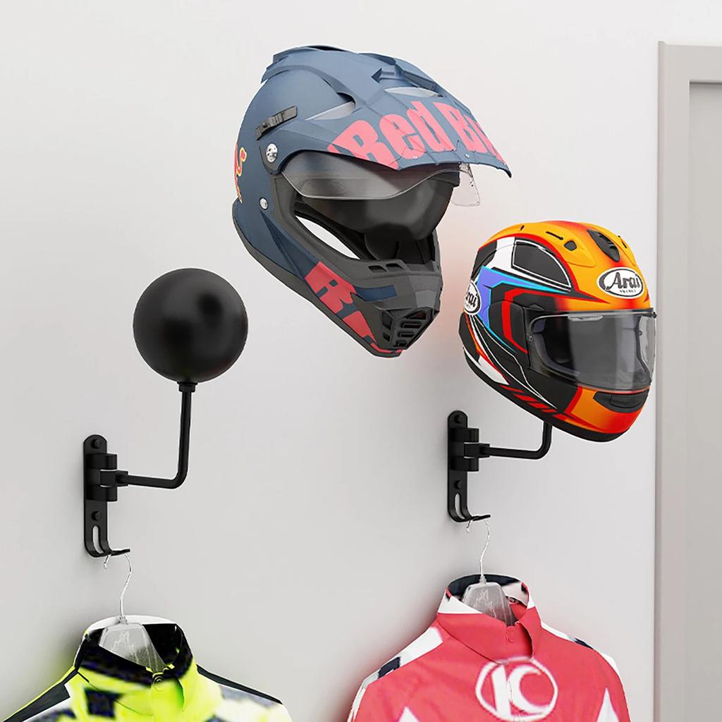 Wall Mount Metal Motorcycle Helmet Rack - Adjustable Bike & Bicycle Helmet Holder with 180° Rotation,Space-Saving Storage Hanger