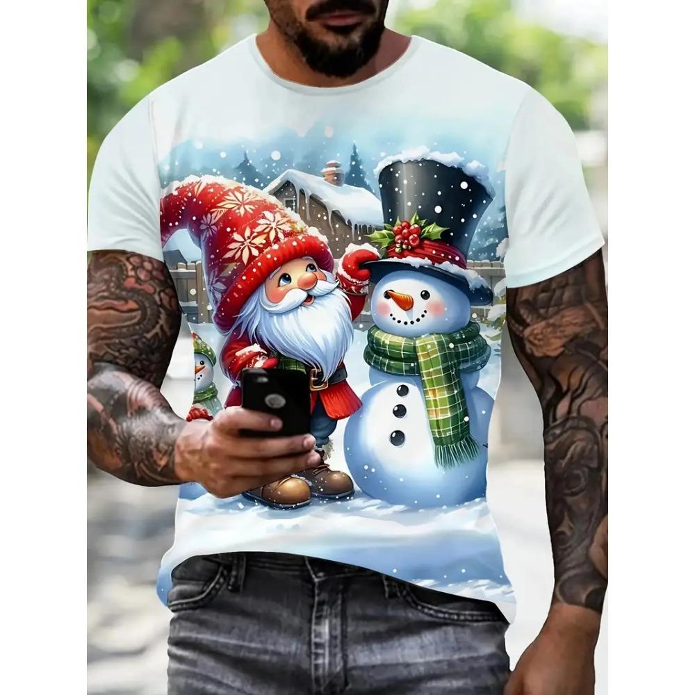 3D Printed Snowman Pattern Men's Spring Fashion Casual Christmas Theme Short-Sleeve T-Shirt, Loose and Comfortable Top
