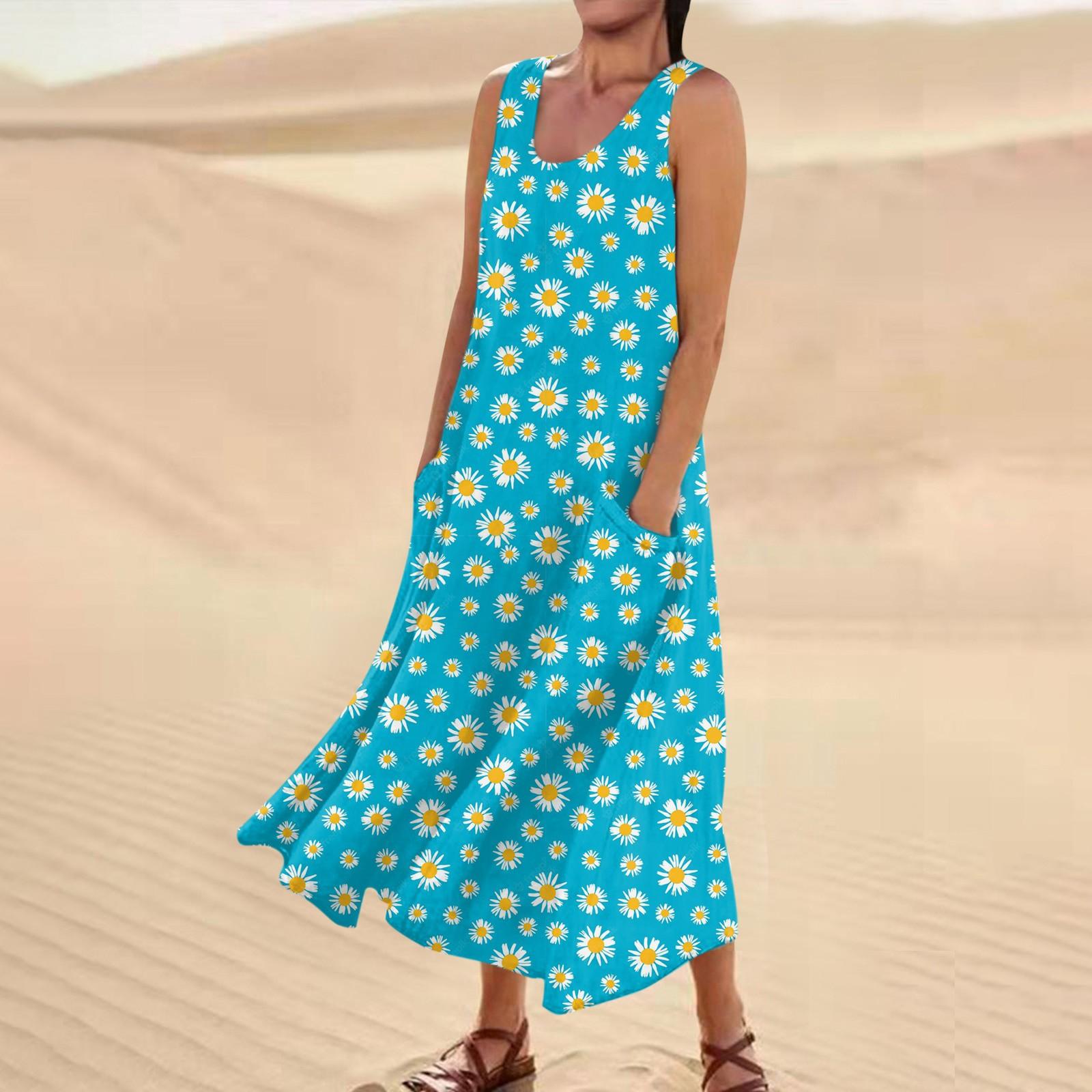 

Женское повседневное удобное хлопковое карманное платье без рукавов с цветочным принтом XXXXL синий