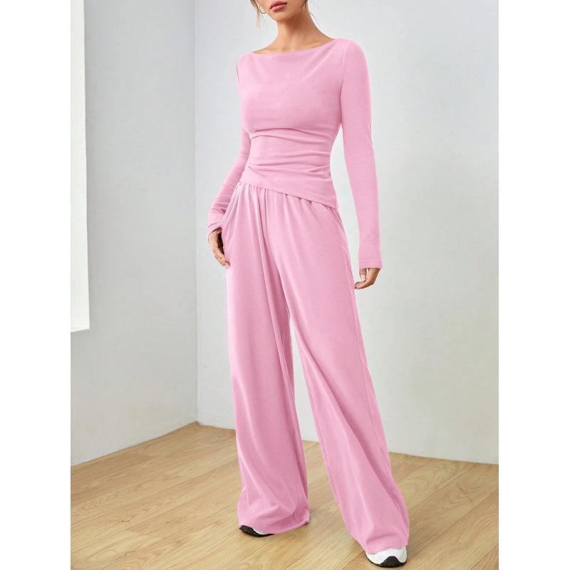 Women's Navy Blue One-Shoulder Long Sleeve Wide Leg Jumpsuit