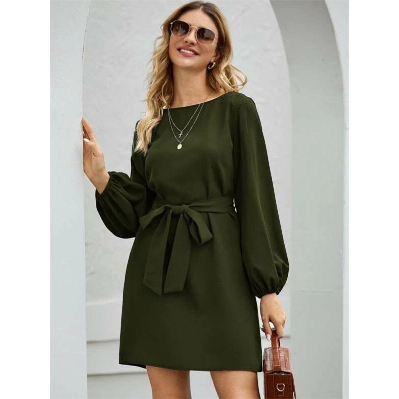 

European And American Style Ladies Summer New Style With Mid-length Solid Color Temperament Commuter Thin Pullover High Waist Dress For Women L армія зелений колір