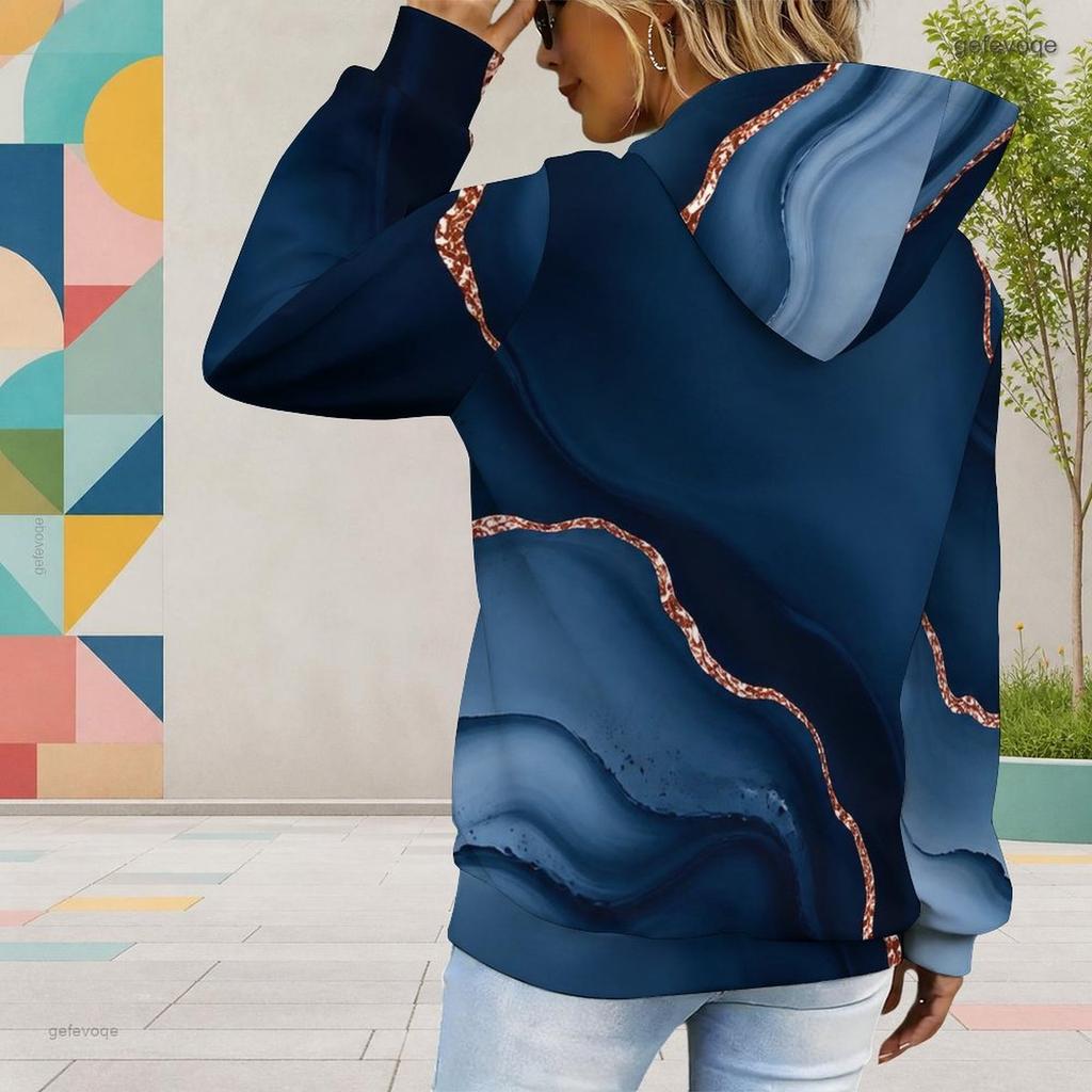 Women Plus Size Navy Blue Printed Long Sleeve Drawstring Hoodie With Kangaroo Pocket
