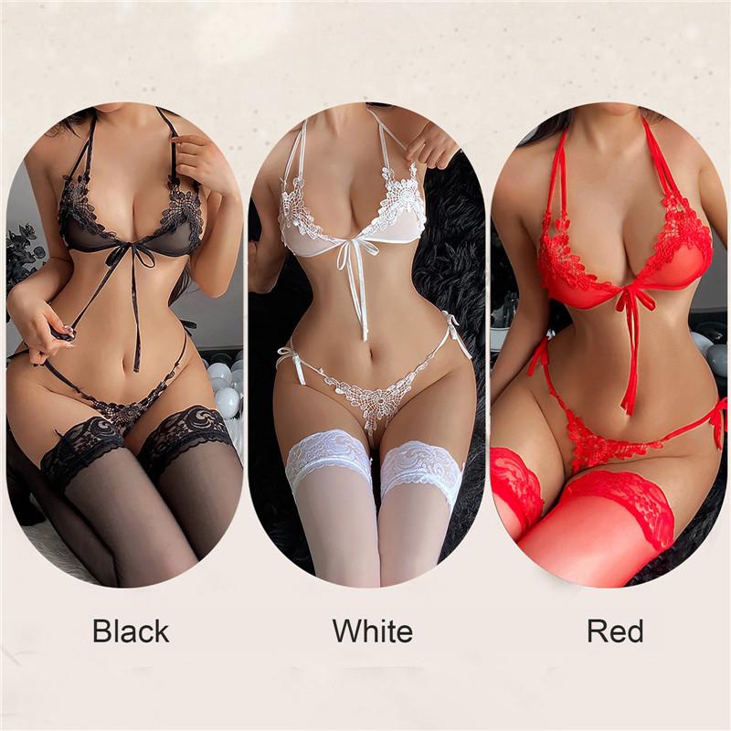 New Sexy Lingerie Fancy Porn Bra Set Woman 3 Pieces Transparent Women's Lace Panties Erotic Beautiful Bra And Thong Set
