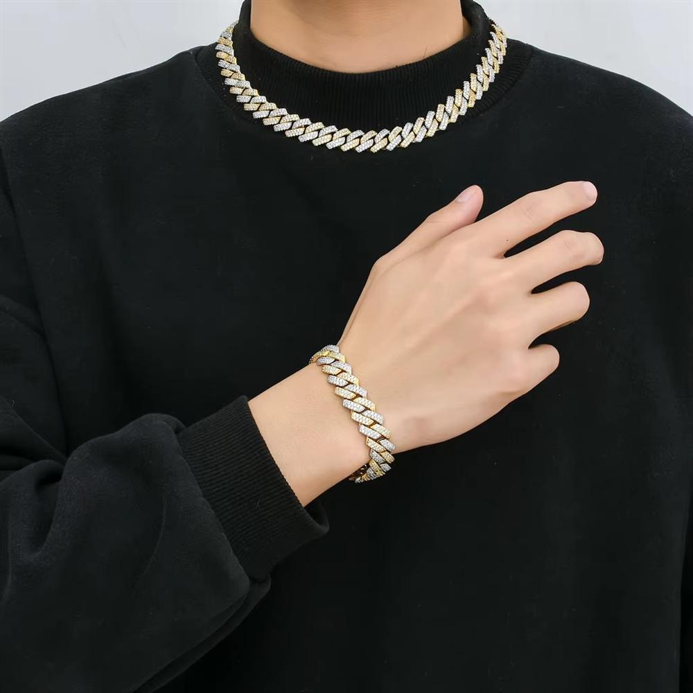 Modeschmuck Hip Hop 14mm Flaches Kubanisches Gliederkettenarmband Bling CZ Iced Out Rhombus Zweifarbig Miami Kubanische Kette Armband