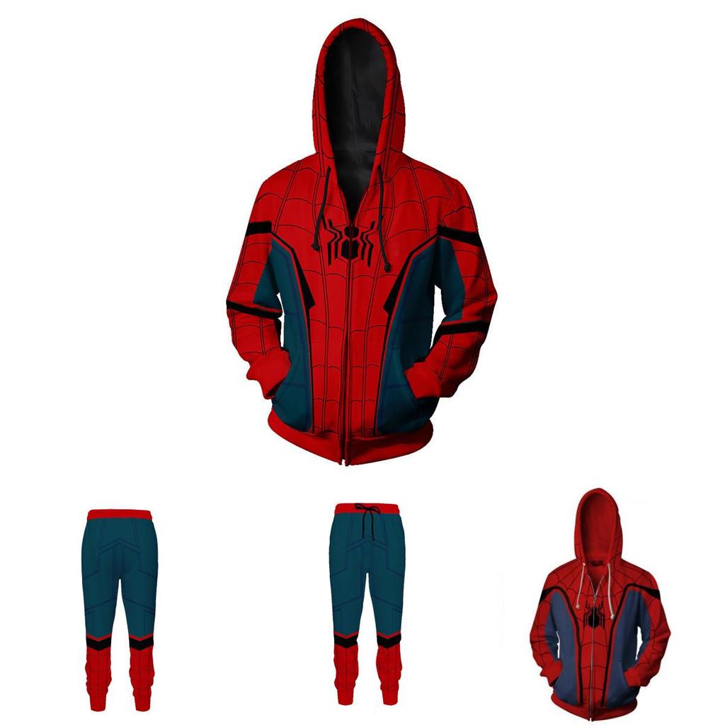 Spiderman Zip Hoodie Jacket T-shirt Trousers Set Hip Hop Marvel Cosplay Costume