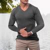 Men's Autumn Stand Collar V-Neck Long Sleeve T-Shirt, Vertical Striped Stretch Pullover Top for Sports Fitness Casual Daily Wear