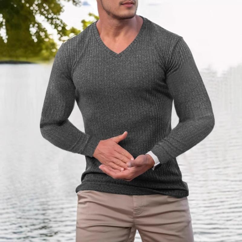 Men's Autumn Stand Collar V-Neck Long Sleeve T-Shirt, Vertical Striped Stretch Pullover Top for Sports Fitness Casual Daily Wear