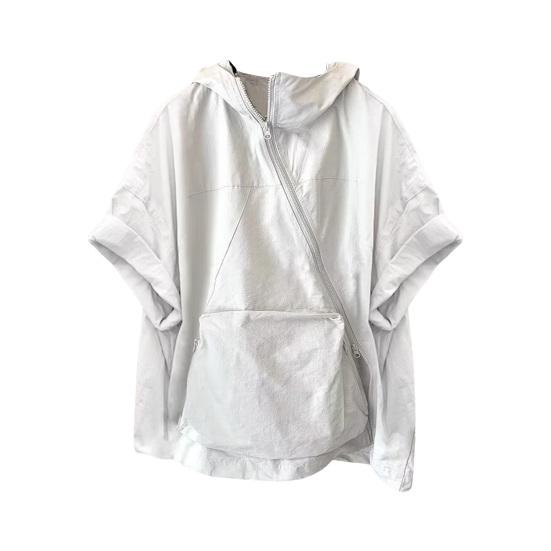 Pánské letní tričko s kapucí velká nášivka kapsa na zip zapínání oversized čistá barva pytlovité krátké rukávy střední délka streetwear hip hop sportovní mikina