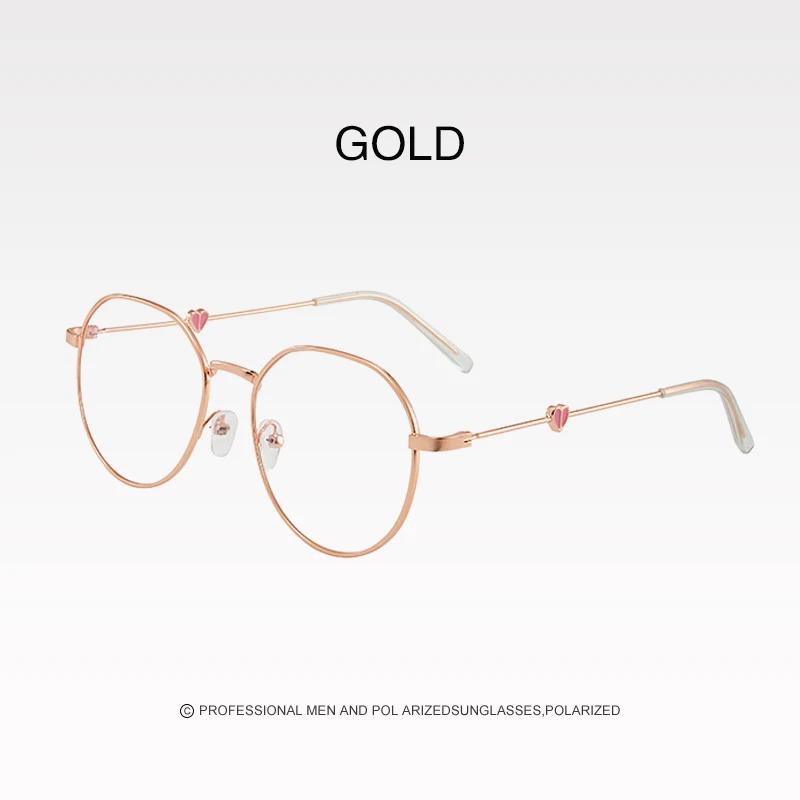 

Модные корейские студенческие очки для любви, круглая оправа, персиковое сердце, прозрачное плоское зеркало, литературные очки, оправа для близорукости Transparent золотой