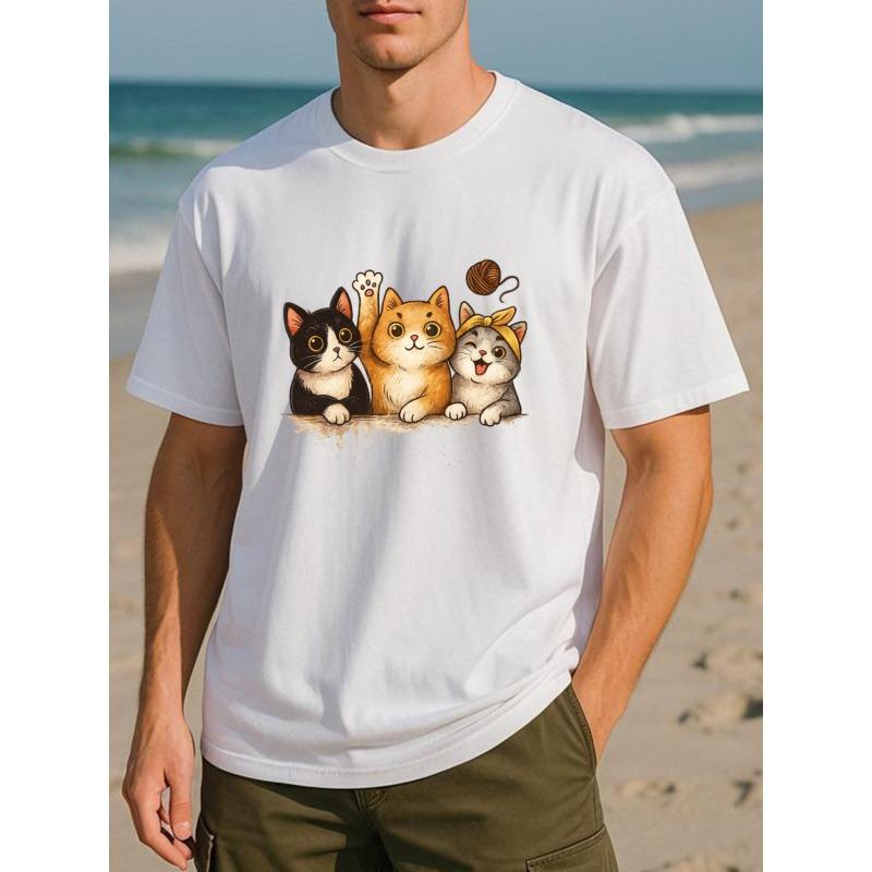 

European sizes Cute and Soothing Cartoon Cats and Yarn Ball Men S Print Short-Sleeved Shirt | All-Season, Casual Wear, Machine Washable 4XL білий