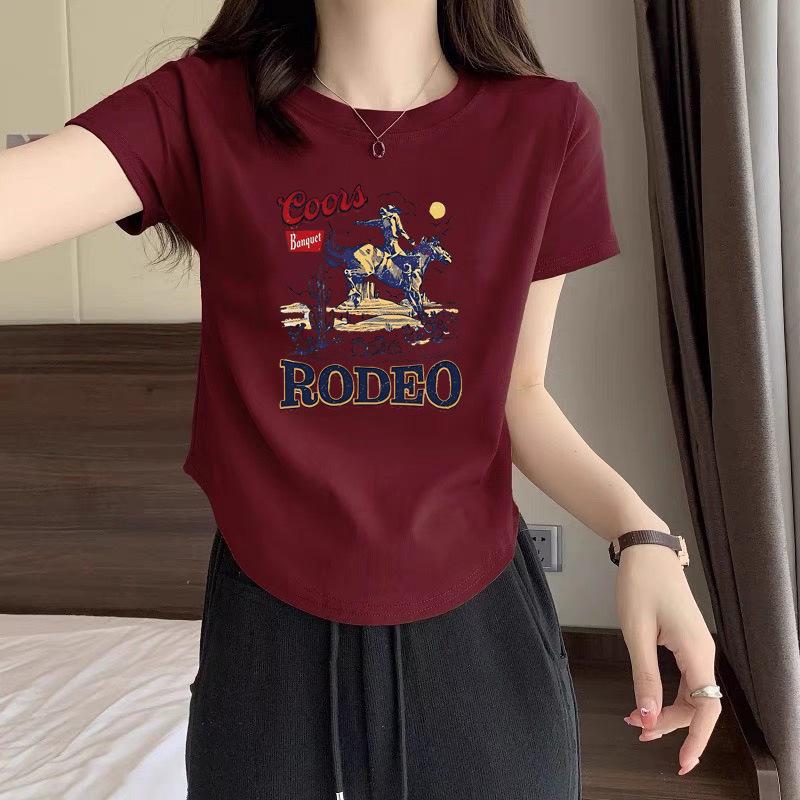 Summer new American retro crew neck white printed short-sleeved T-shirt women's 2025 thin design T-shirt