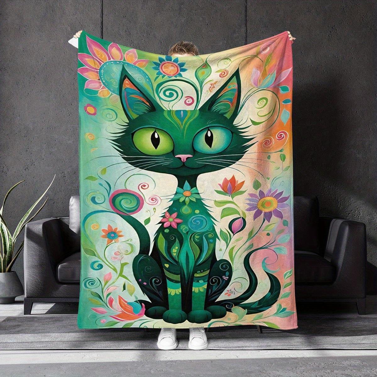 

Artistic cat and flower pattern Flannel printed blanket suitable for all seasons suitable for living room office sofa and travel 75x90cm28x39in