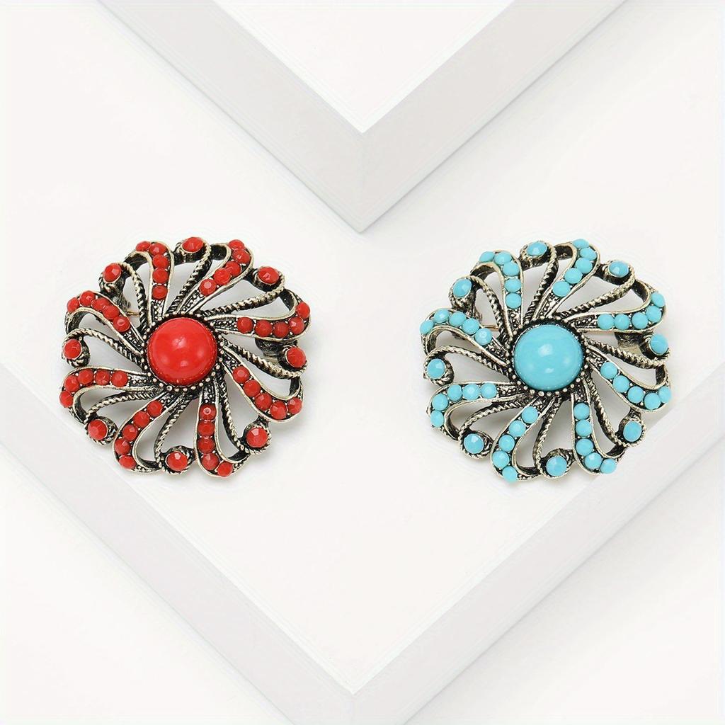 Retro Personality Rhinestone Hollow Flower Turkish Blue Brooch Fashion Temperament Clothing Accessories Pin
