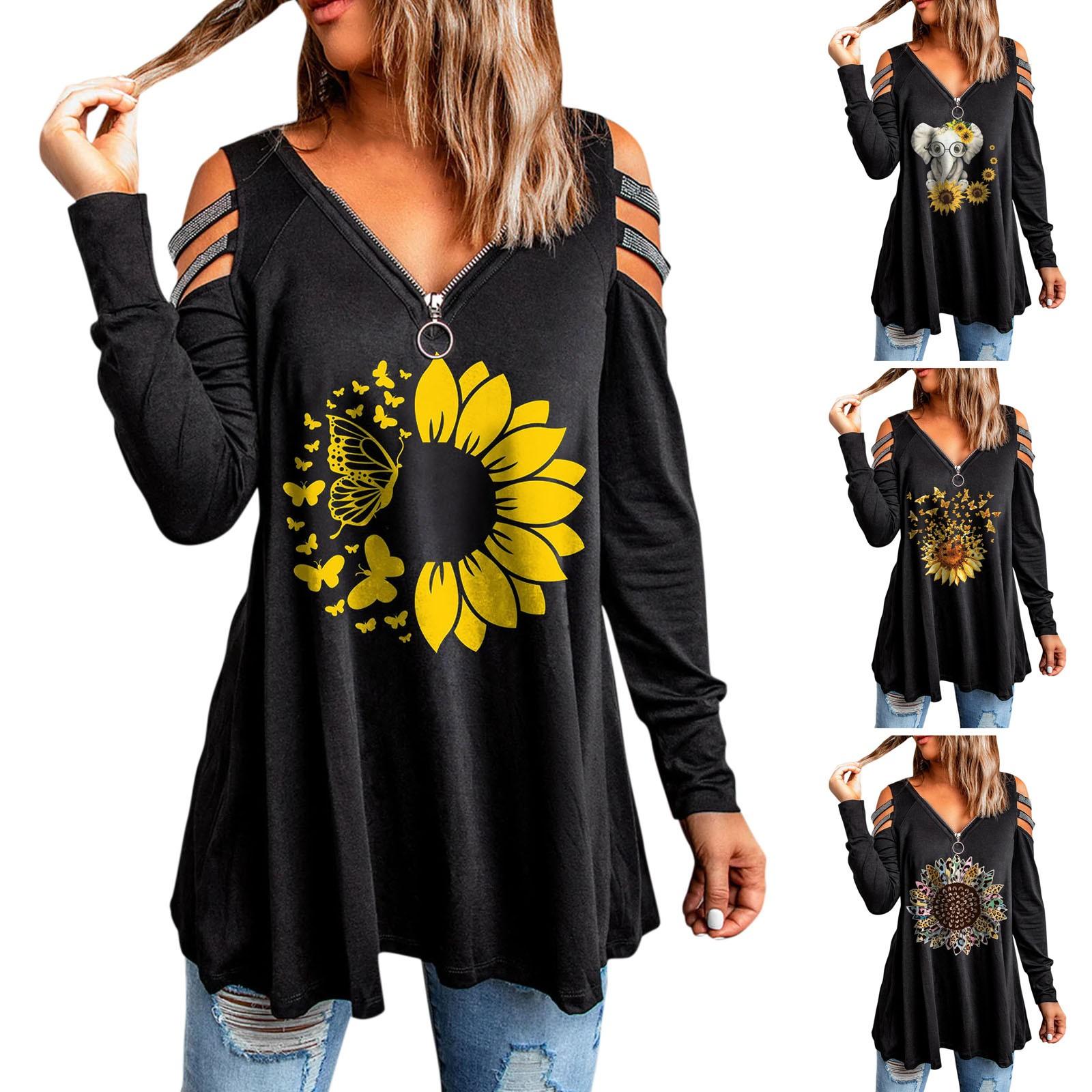 

Модная женская повседневная блузка с v-образным вырезом и принтом на молнии с открытыми плечами и длинными рукавами