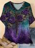 Plus Size Women's Gradient Rose Print V-Neck Casual Top