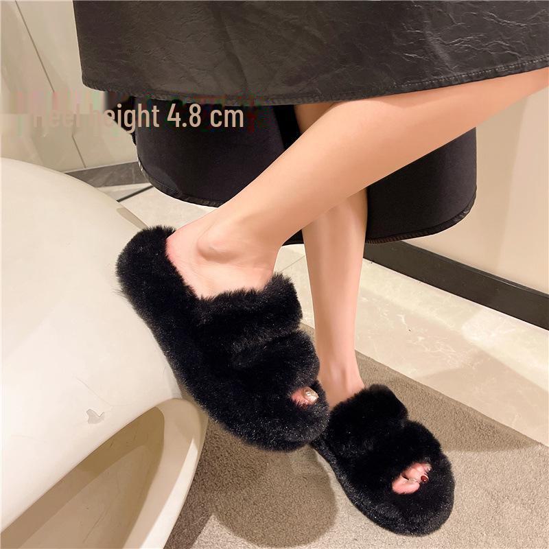 Large Cross-Fur Women's Slippers - Thick, Flat-Bottomed, Warm & Stylish for Spring, Autumn, Winter