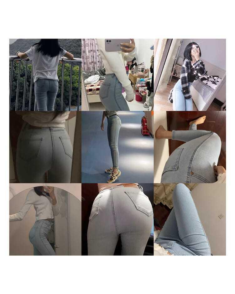 Plus Size High Waist Stretch Light Blue Denim Slim Fit Pencil Pants for Women