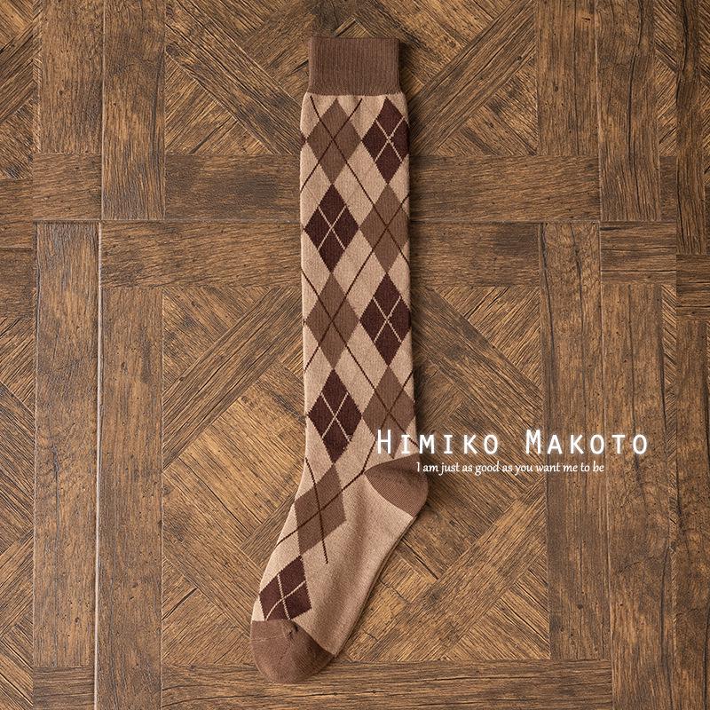 Korean Style Cotton Diamond Pattern Knee-High Retro Socks for Women