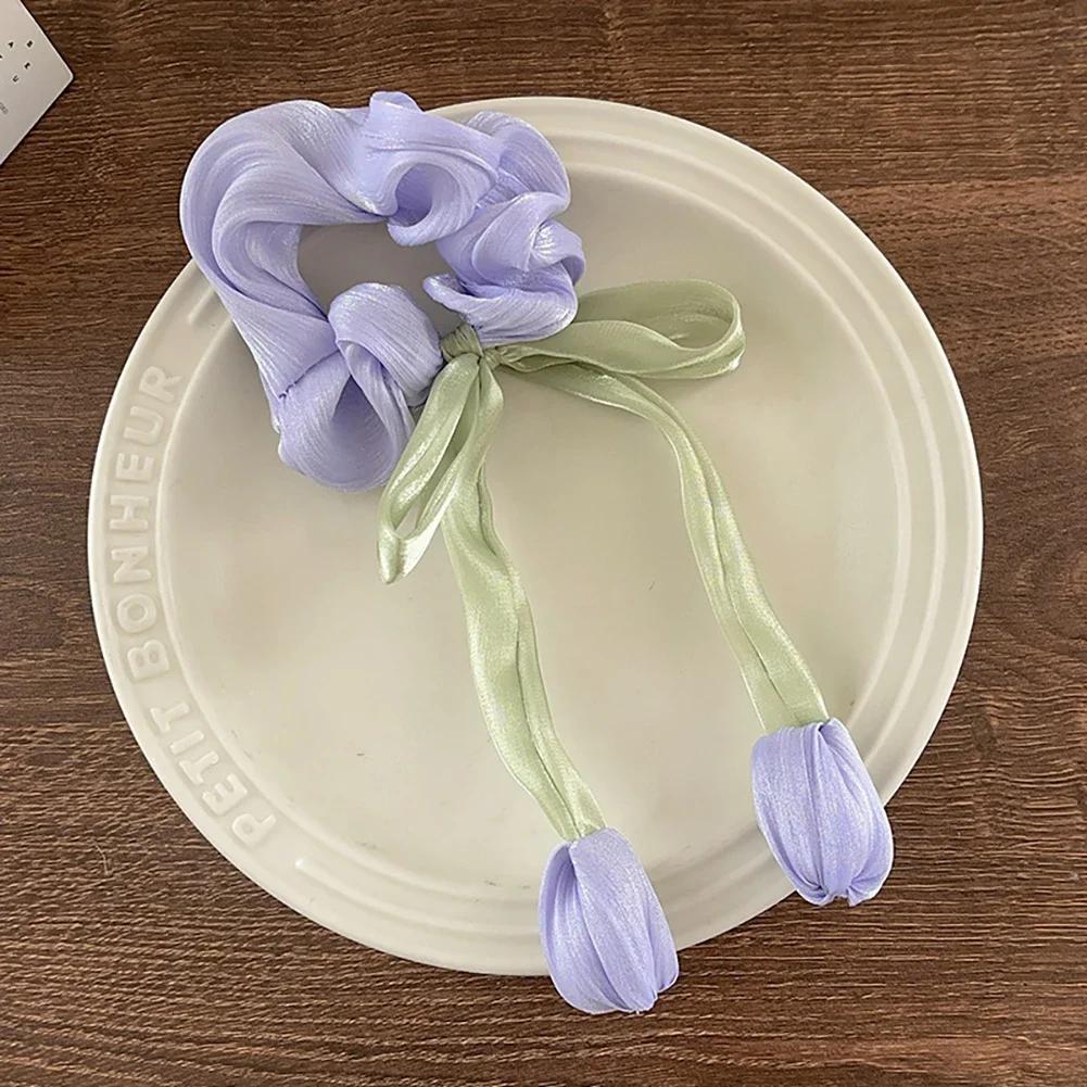 Beautiful Tulip Scrunchie Ponytail Holder Bow Hair Elastic Rubber Band Hair Accessories Temperamental Hair Tie Headwear фиолетовый