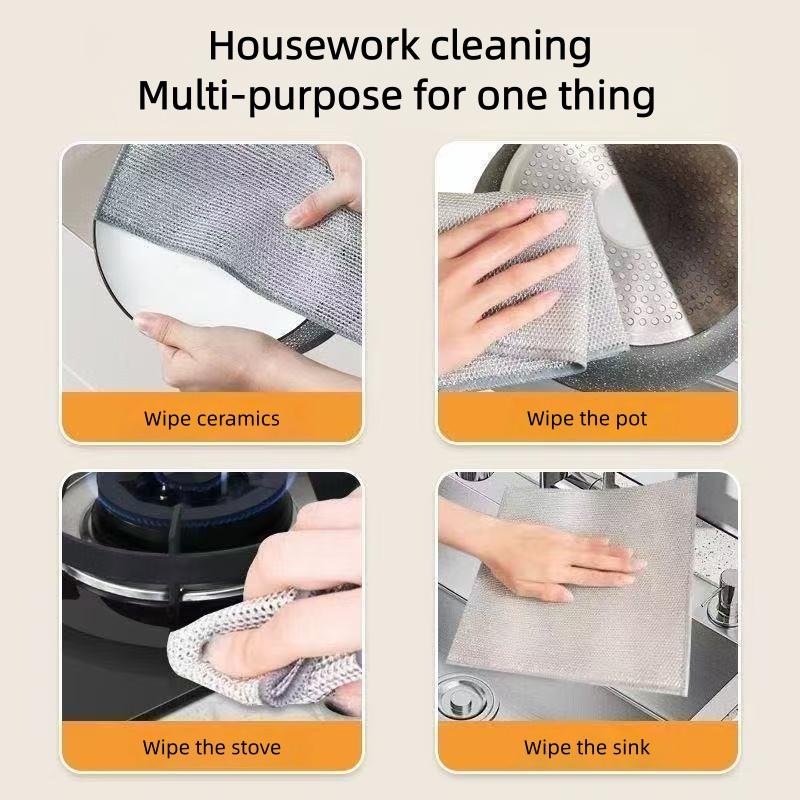 Steel Wire Cleaning Cloth Kitchen Rag Non-scraping Dish Towel Double-sided Household Stove Pot Cleaning Towel Silver 1pcs/5pcs/10PCS