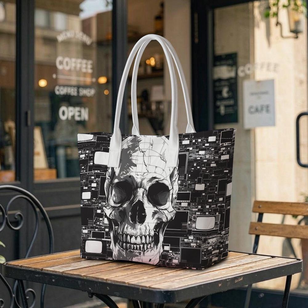 Gothic Skull Printed Tote Bag Fashion Daily Carry Shoulder Bag Unique Design Casual Handbag