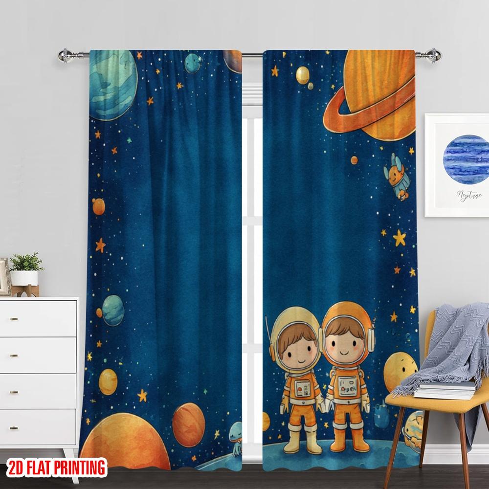 2pcs 2D flat printing Window Treatment Curtains Space Adventure Planet Astronaut Digital Printed Polyester Drapes Seasonal Party