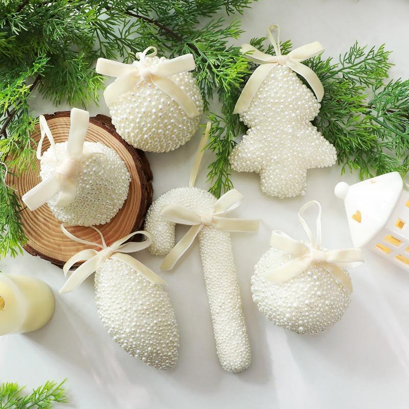 4PCS Christmas Ornament Pendant Foam Base Plastic Pearl Christmas Ornament Off White Multi Shape Pearl Bow Hanging Decor