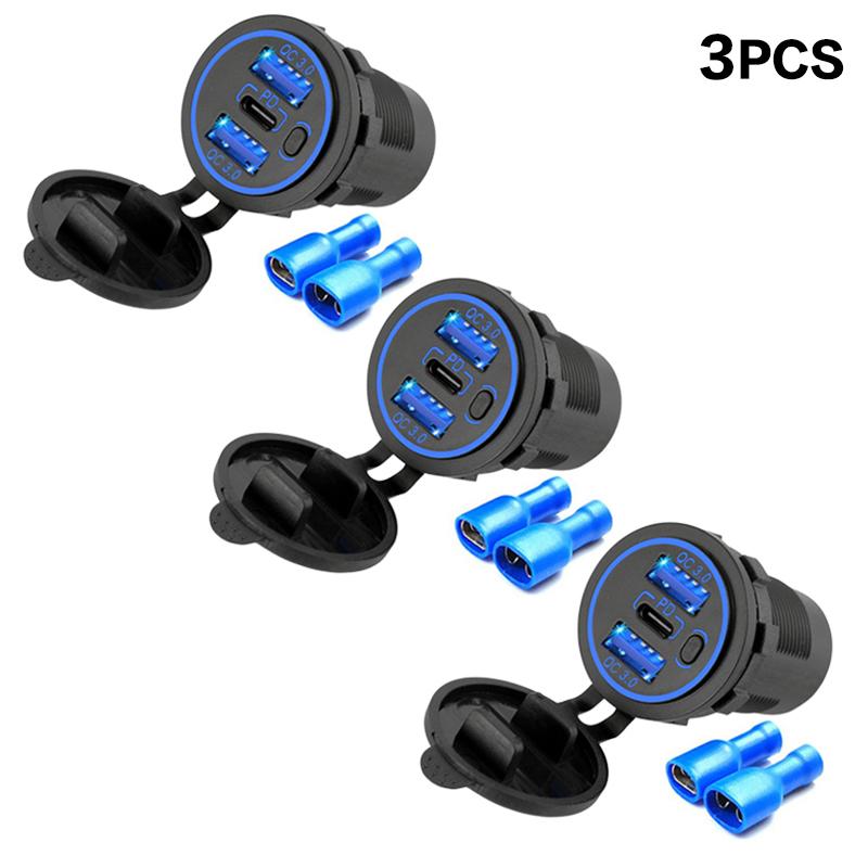 High Power 12V Quad Port USB Charger Socket With Button Switch 96W Dual USB C Outlet Fast Charging For Car RV Marine Vehicles