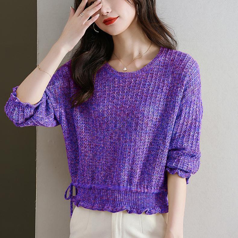 

Three-quarter Sleeve Knitted Sweater for Women Short Cut-out Sweater Mid-sleeve Pullover Solid Color Stylish Top 2XL