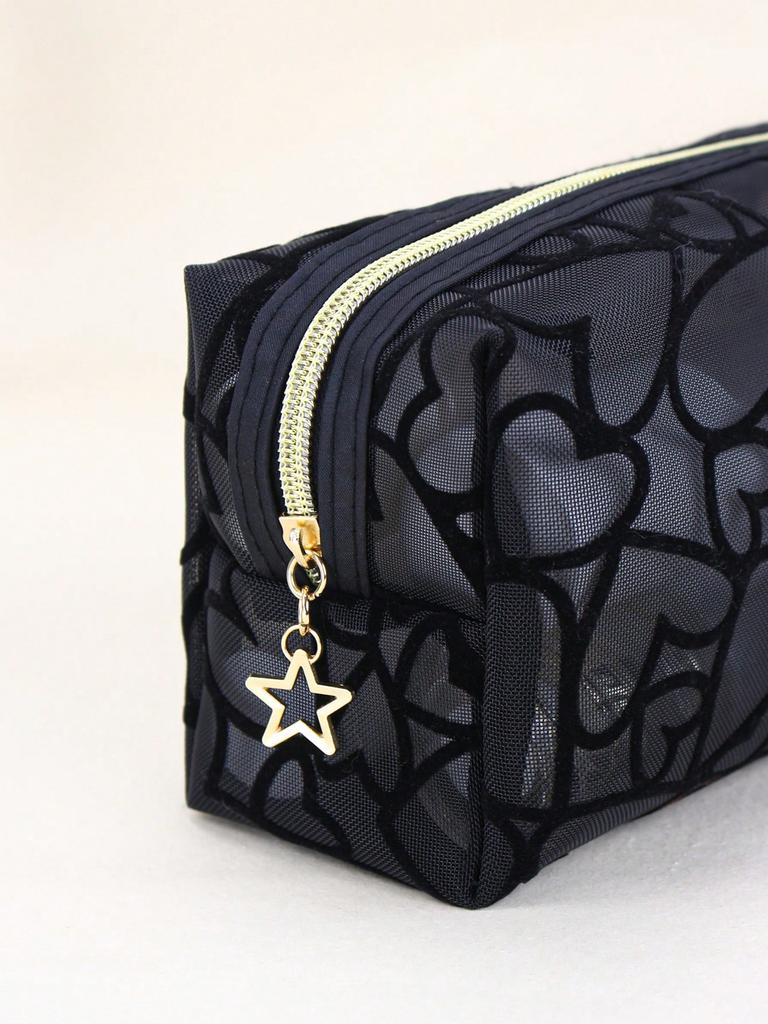 1pc Women Makeup Bag, Mesh Heart Flocked Decor,  Minimalist Mesh Heart Design Large Capacity, For Daily Use & Travel Makeup