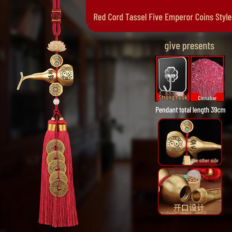 Brass Gourd Pendant with Five Emperor Coins - Boxwood Accessories for Door or Car Hanging Ornament