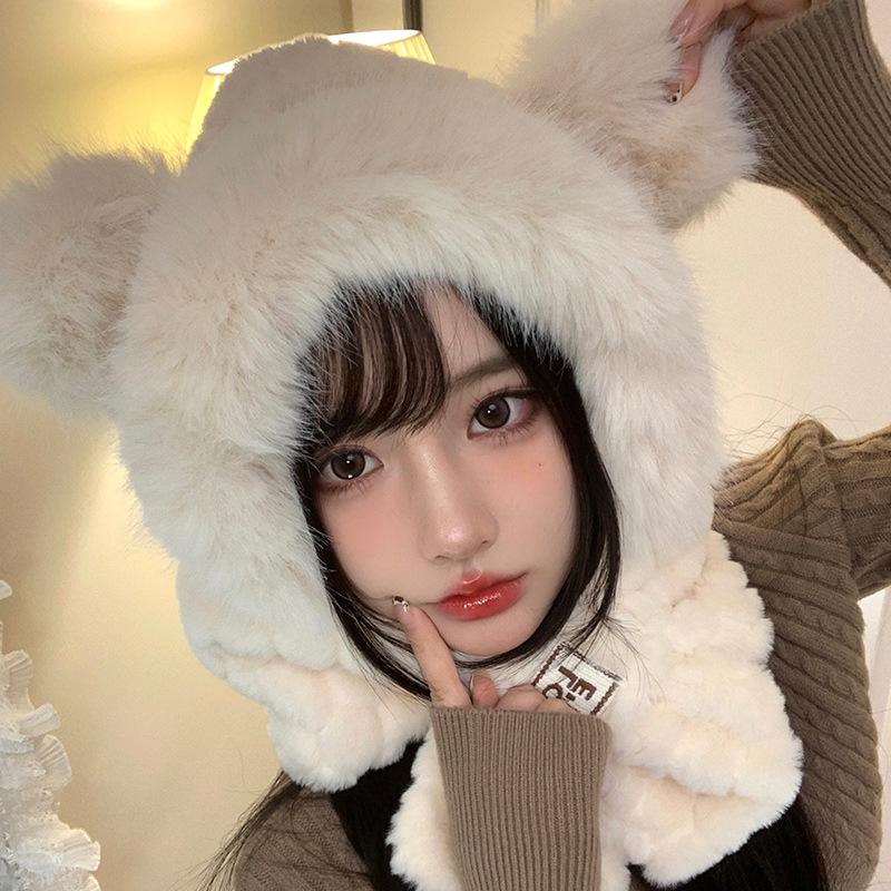Orelhas de Urso Outono e Inverno Chapéu Lei Feng Feminino Chapéu de Pelúcia Cachecol Integrado Chapéu Pulôver Quente Conjunto Fofo Versátil de Duas Peças