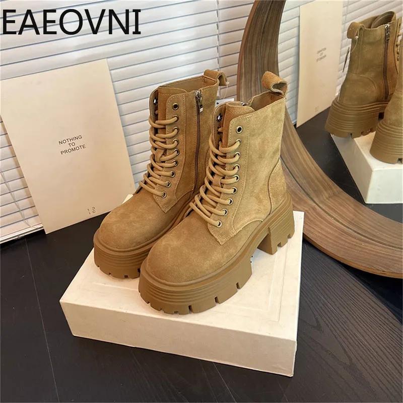 

High Platform Women s Motorcycle Boot for Winter 2024 Fashion Lace Up Square Heel Short Booties Autumn Girl s Shoes