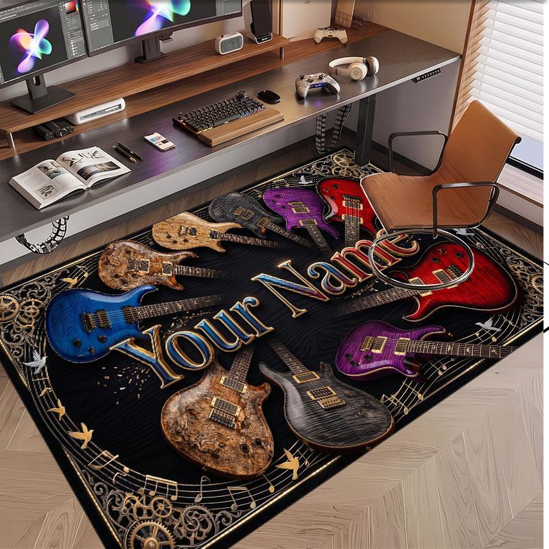 Music Guitar Theme Soft Crystal Velvet Rug Custom Name & Text Print Non Slip Floor Rug for Bedroom Living Room