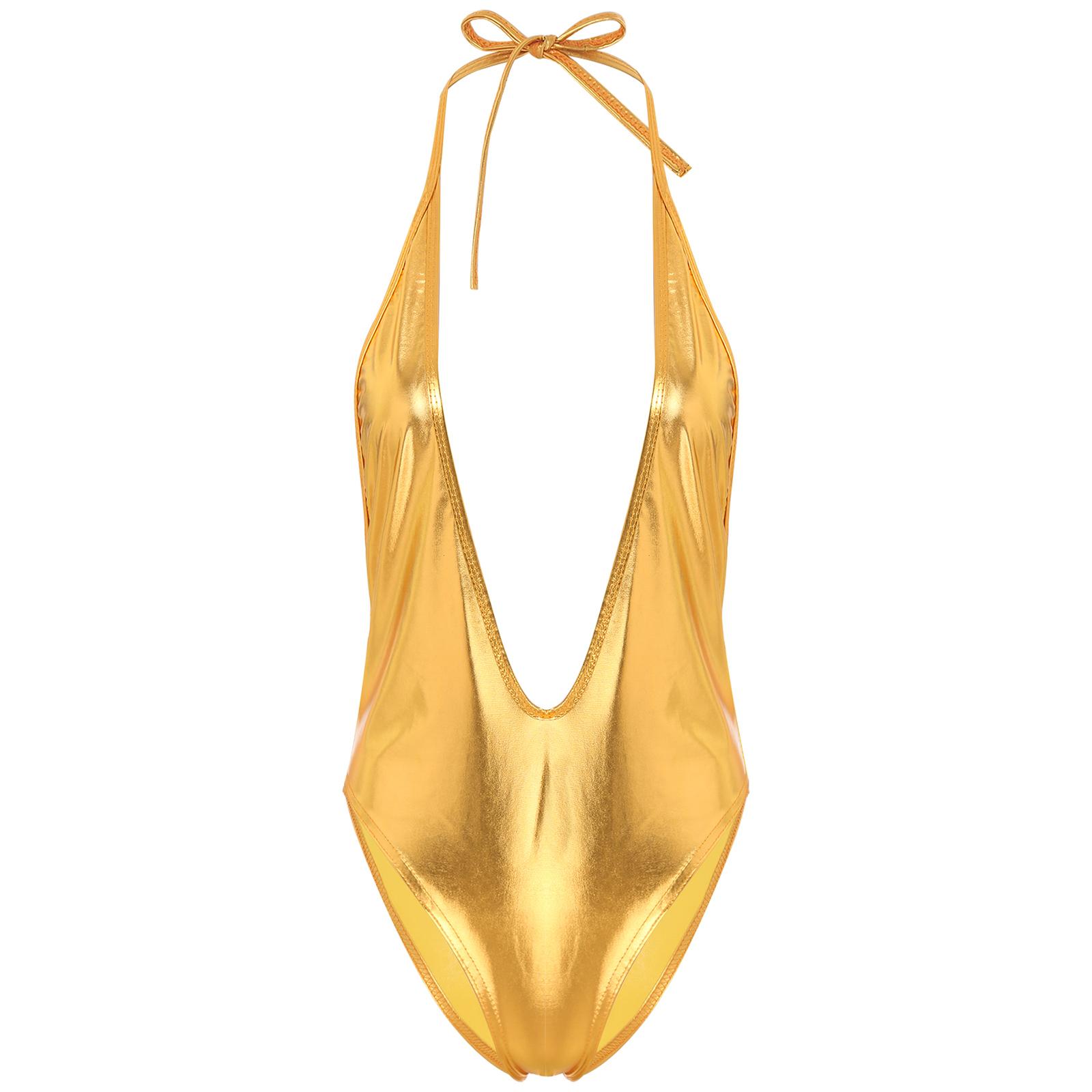 

Жіночий металізований купальник-халтер з глибоким V-подібним вирізом, без спини, з високим вирізом, боді для вечірки біля басейну One Size золотий
