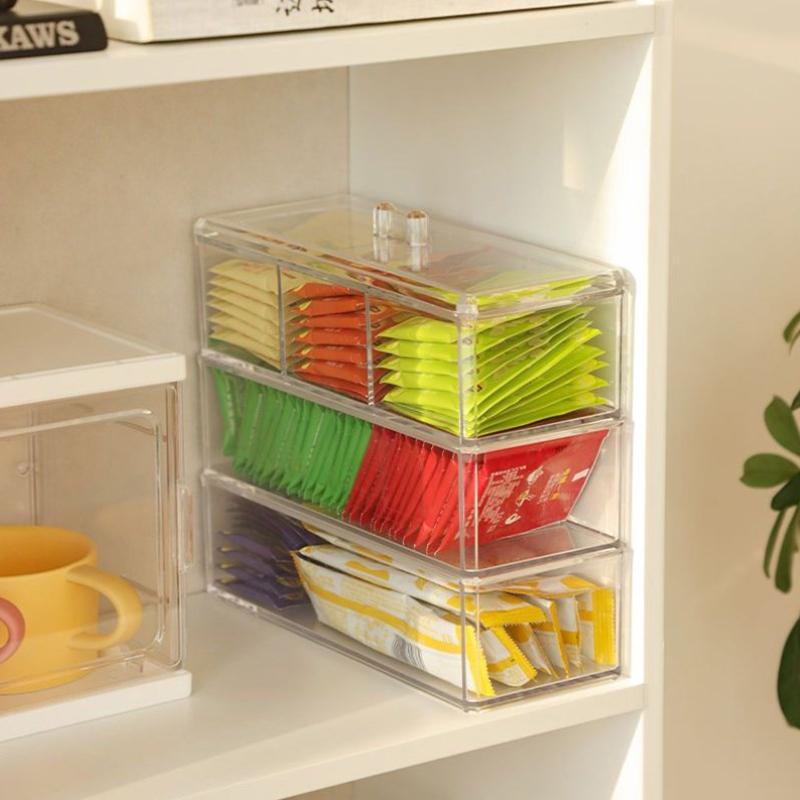 Acrylic Tea Bag Holder Tea Box Coffee Tea Bag Storage and Clear Pantry Organizer for Kitchen with Lid Multi-Compartment