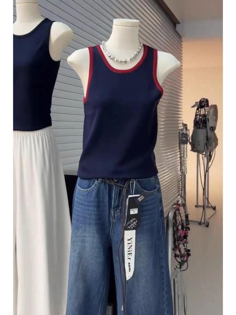 Women's Color Block Knitted Tank Top - Spaghetti Strap, Slim Fit, Underarm Coverage, Spring/Summer/Autumn