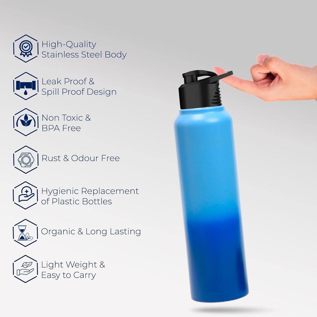 Stainless Steel Water Bottle 1 Ltr For Kids, Boys, Girls, 1 Litre Bottles for Gym,Fridge Use, School & Office (Sipper Cap - Set of 1, Blue Blue)