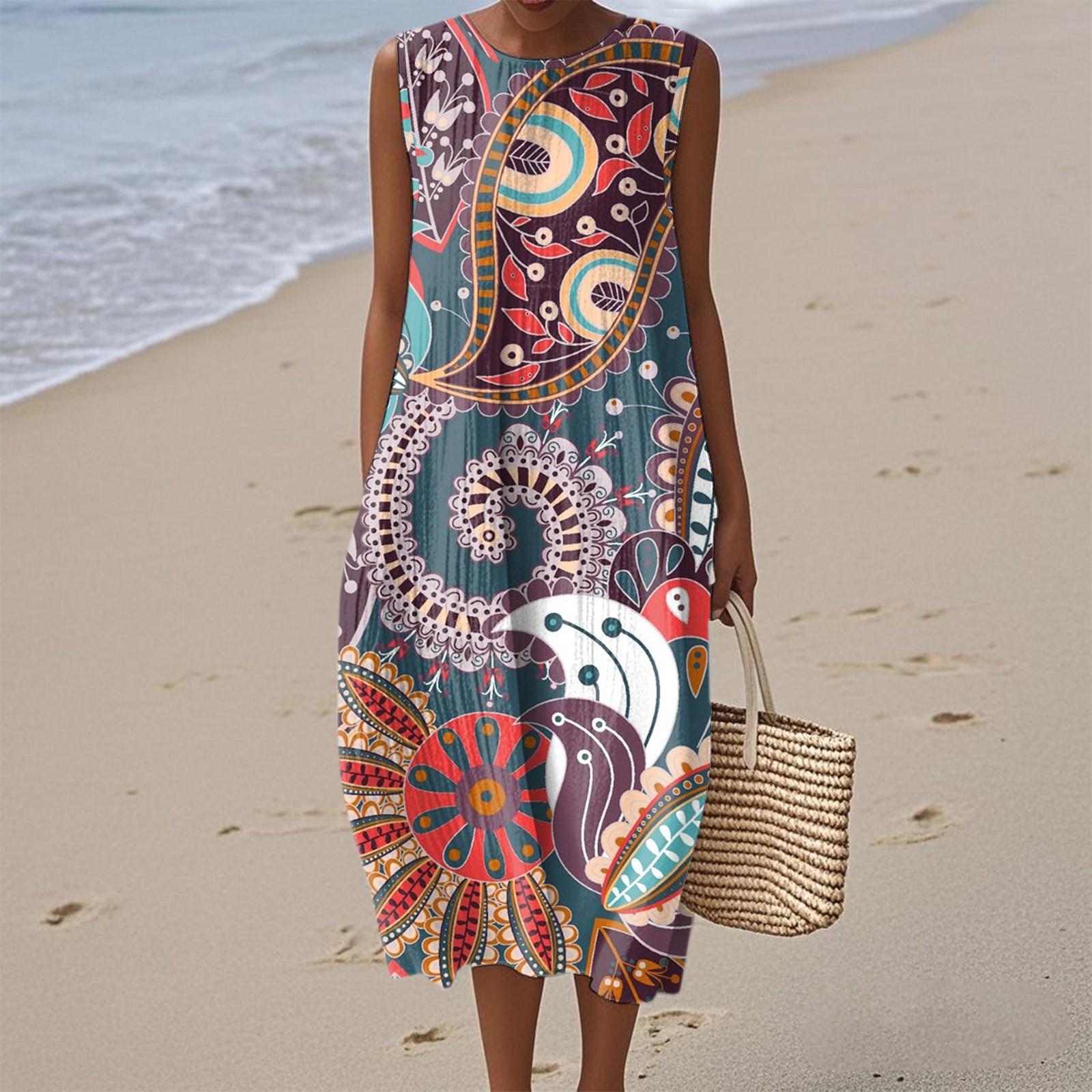 

Женское модное повседневное платье без рукавов с круглым вырезом в стиле ретро в стиле бохо с элегантным темпераментом XL