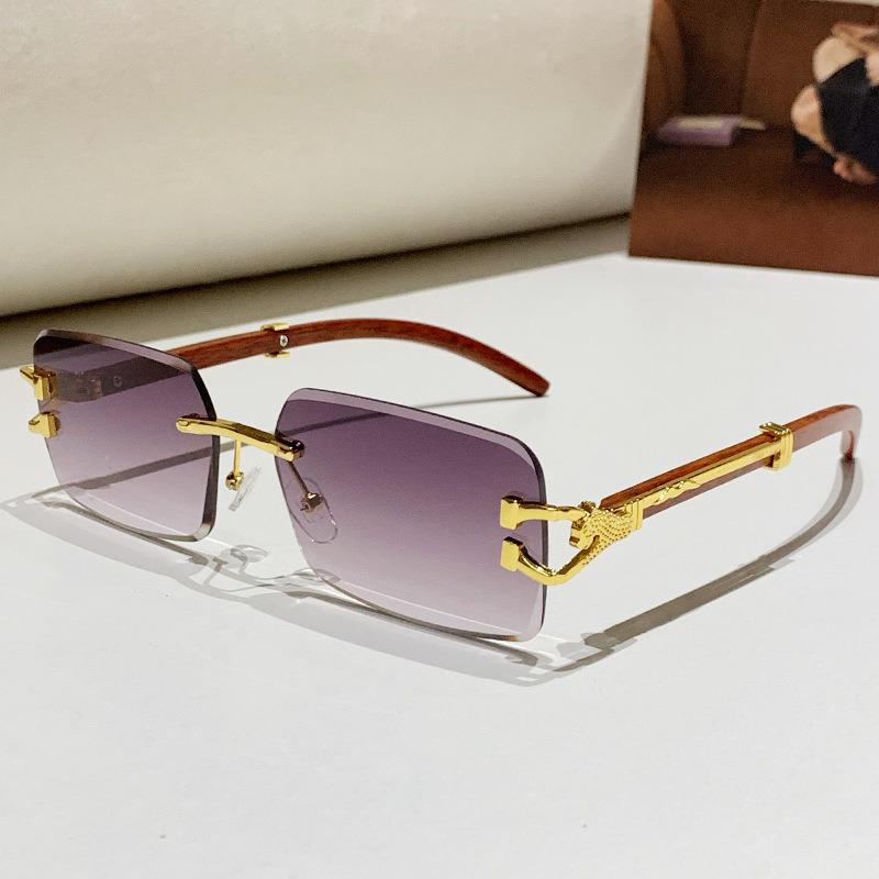 2026 Frameless Faux Wood Grain Leopard Head Men's Square Sunglasses with Leopard Temple.