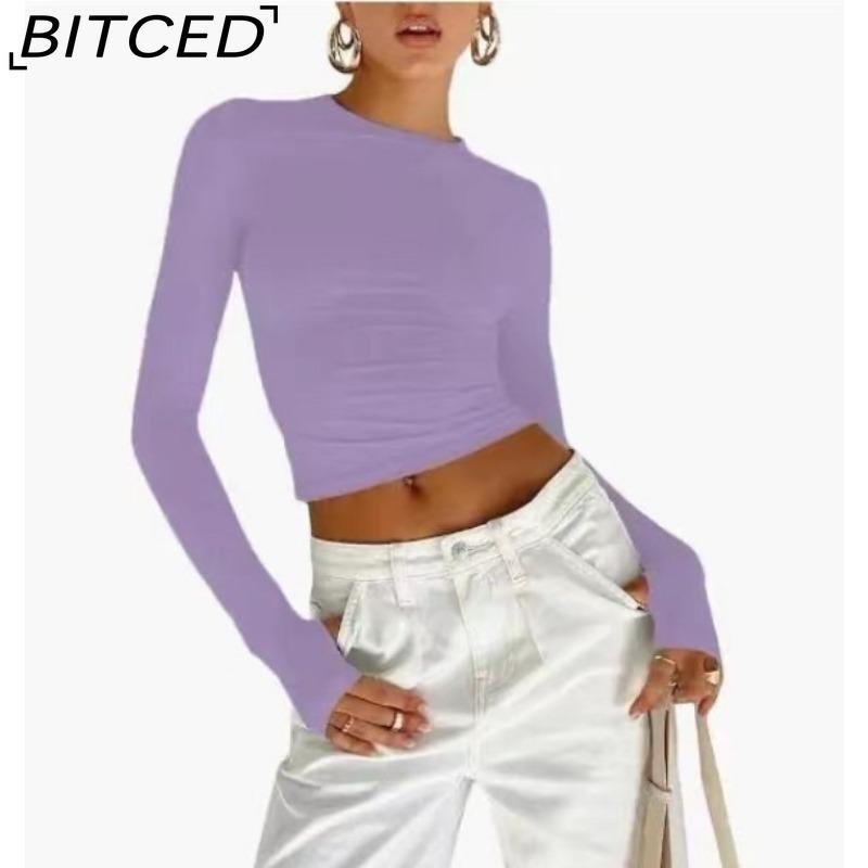 BITCED Women's Spring/Autumn T-Shirt Solid-Colour O-Neck Base Layer Slim-Fit Long-Sleeved Top