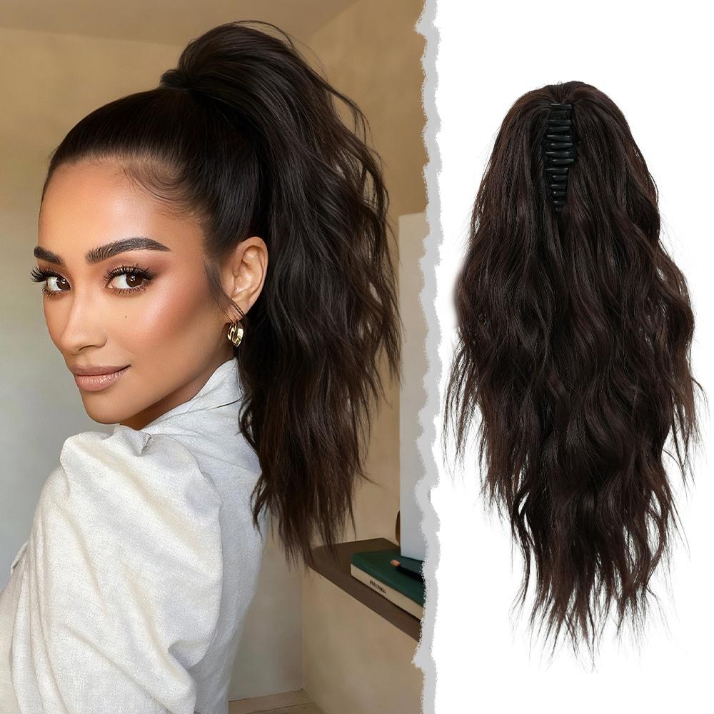 18 Inch Women's Lilac Highlight Natural Wave Drawstring Adjustable Size Black Synthetic Hair Beige Clip Portable Easy Ponytail