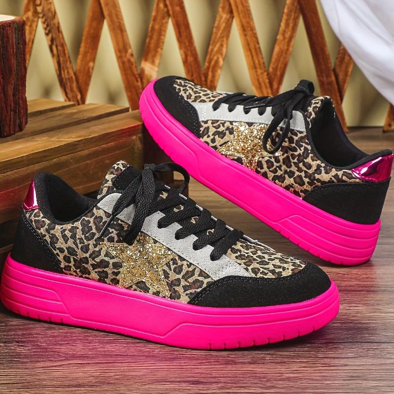 Women's Multi-Color Sneakers Neon Pink/Golden Glitter Low-Top Lace-Up EVA Cushion Leopard Print All-Season Casual Vacation Work Parties