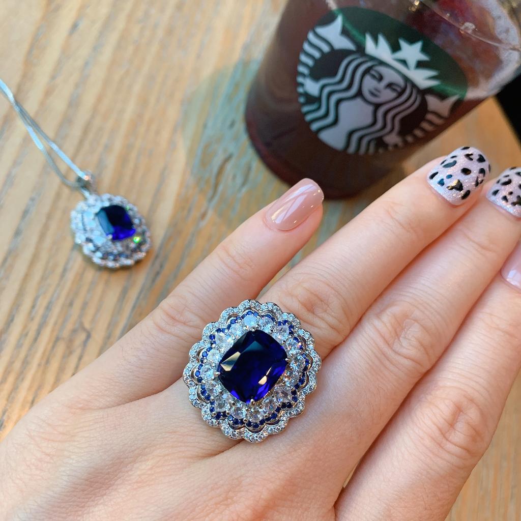 Jewelry Retro Ring Simulation Blue Glass Two-Color Stone Diamond Pendant Ring Set 10 * 12