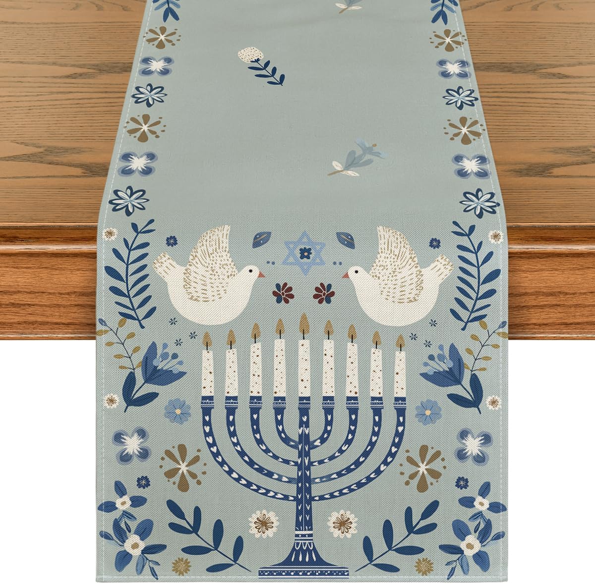 Chanukka Menora Tauben Kerze Oliven Tischläufer Jüdischer Feiertag Dekor Chanukka Küche Esstischläufer Party Dekoration 150x33cm gray