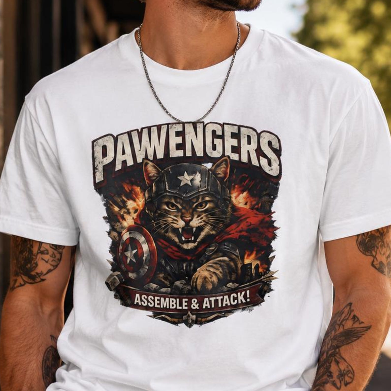 Pawvengers Cat Warrior T-Shirt, Funny Superhero Cat Shirt, Comic Cat Graphic Tee, Cat Lover Gift, Hero Cat Parody Shirt 2XL